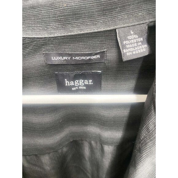 Haggar Mens Luxury Microfiber Striped Black Long Sleeve Button-Up Shirt L - Picture 3 of 3